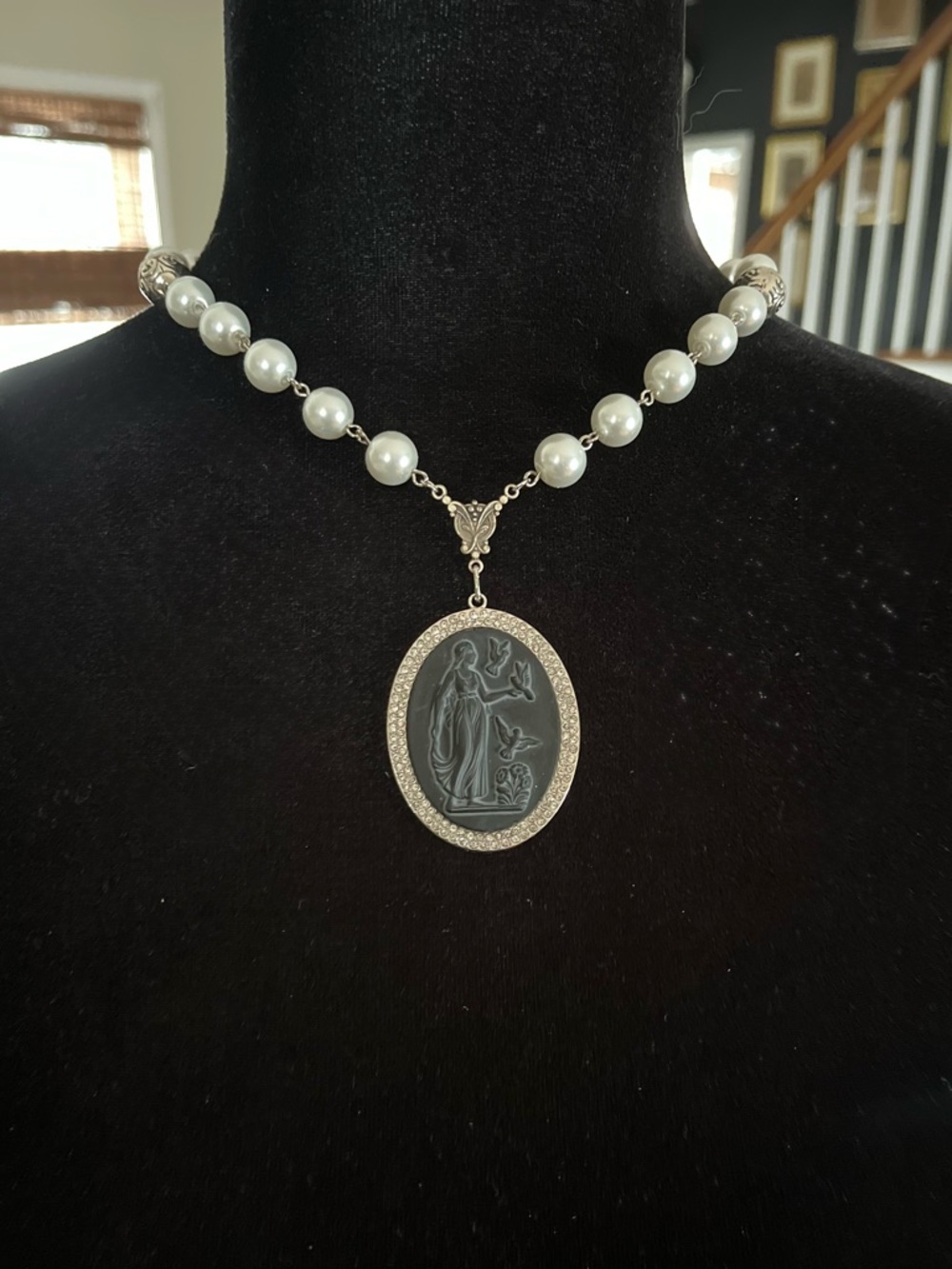 Vintage Black West German Goddess Mourning Glass Cameo Necklace W Pearls